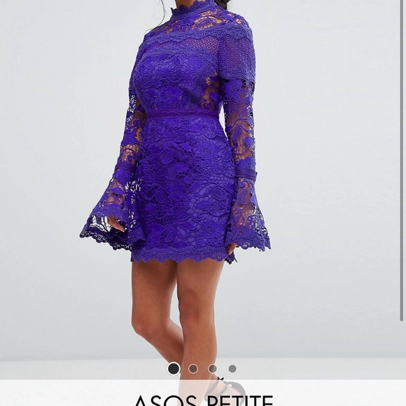 asos purple lace dress ASOS DESIGN lace insert high neck mini dress with frills in purple floral